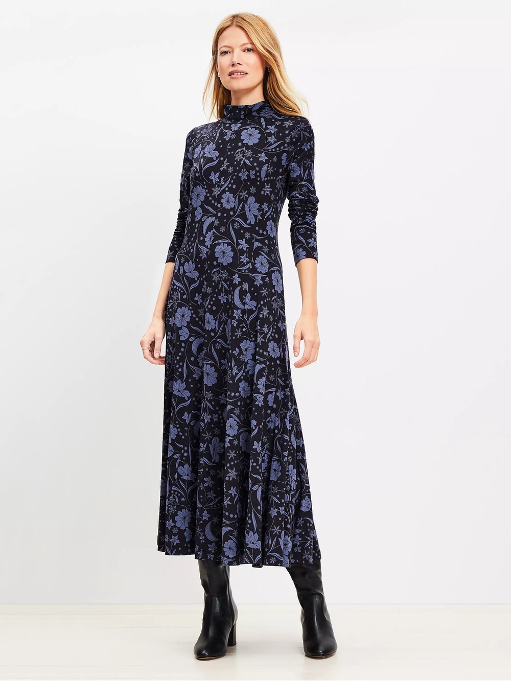 Loft Floral Snowflake Mock Neck Long Sleeve Maxi Dress Blue XS Winter Chic Boho